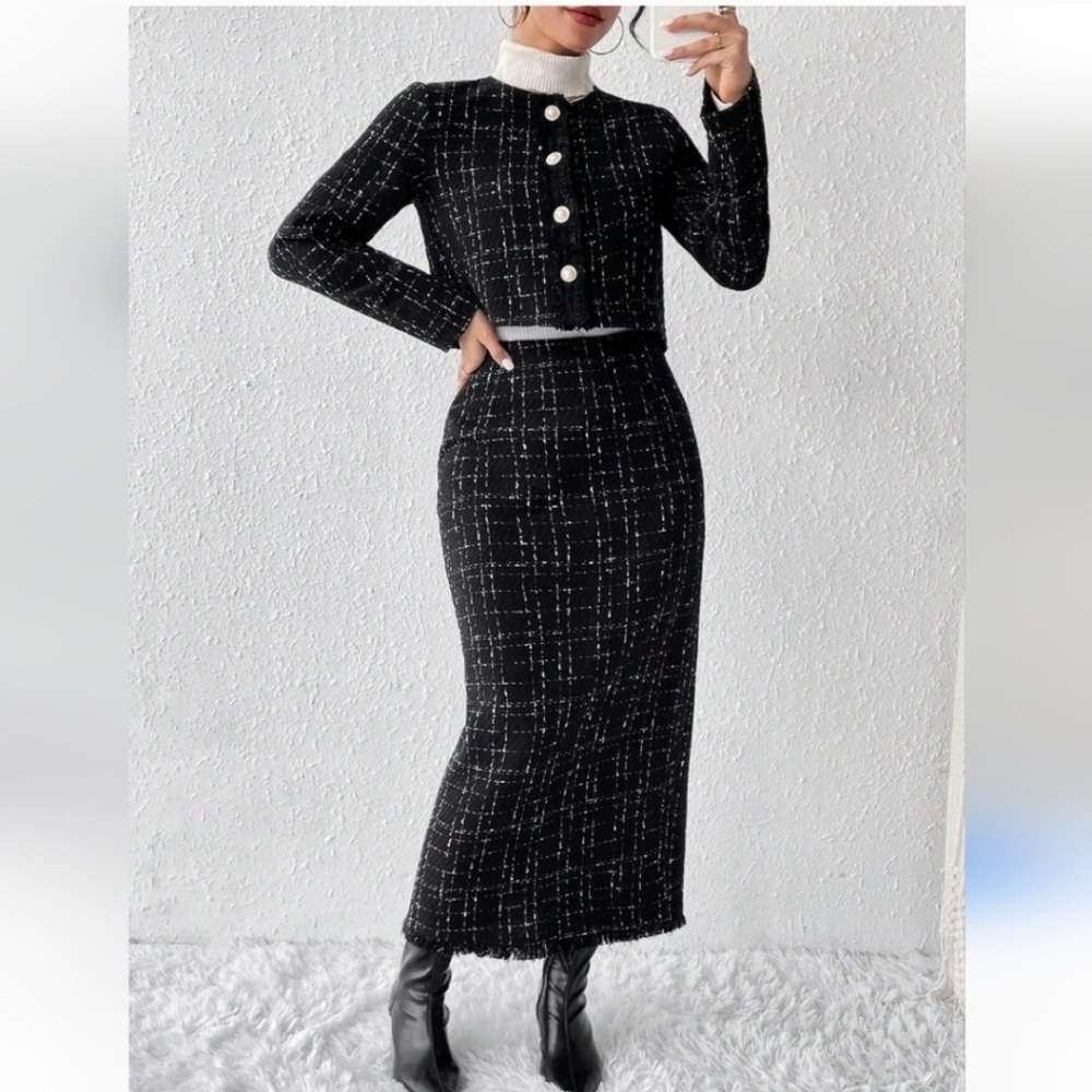 2 Piece Black and White Tweed Long Skirt Cropped Blazer Set